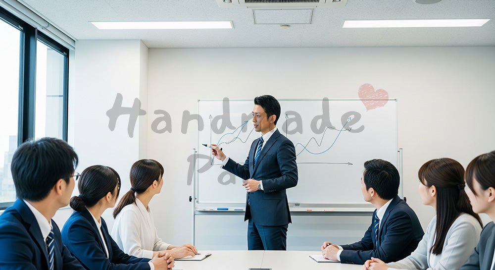 フリー素材 無料 写真｜企業研修・採用向け 日本人営業がホワイトボードで提案を説明する会議室写真｜SNS投稿のアイキャッチ画像向け