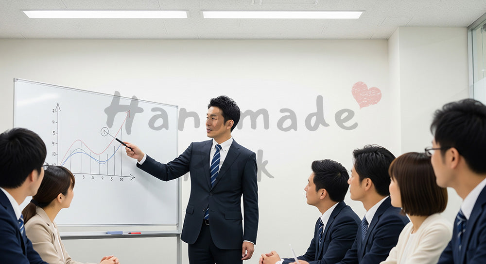 フリー素材 無料 写真｜企業研修・採用向け 日本人営業がホワイトボードで提案を説明する会議室写真｜特集ページの見出しに便利