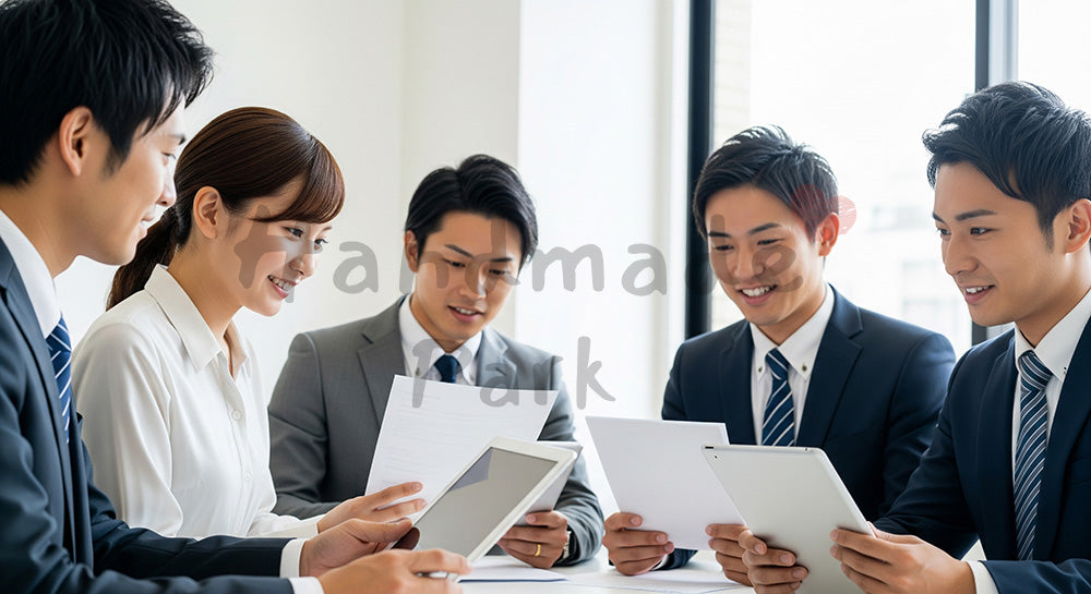 フリー素材 無料 写真｜採用・企業サイト向け 日本人営業チームが作戦会議する活気あるオフィス写真｜特集ページの見出しに便利