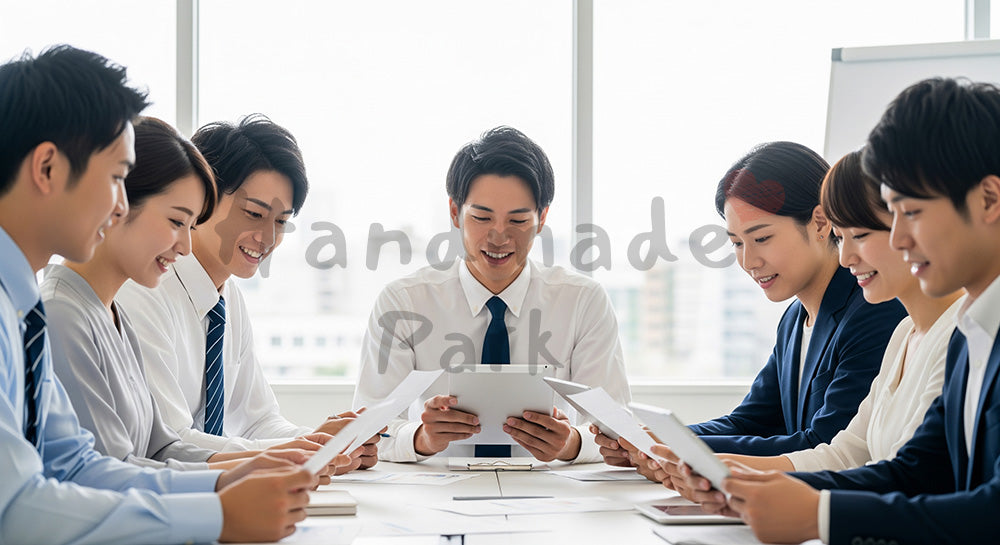フリー素材 無料 写真｜採用・企業サイト向け 日本人営業チームが作戦会議する活気あるオフィス写真 シーン｜記事・スライドの差し込みに