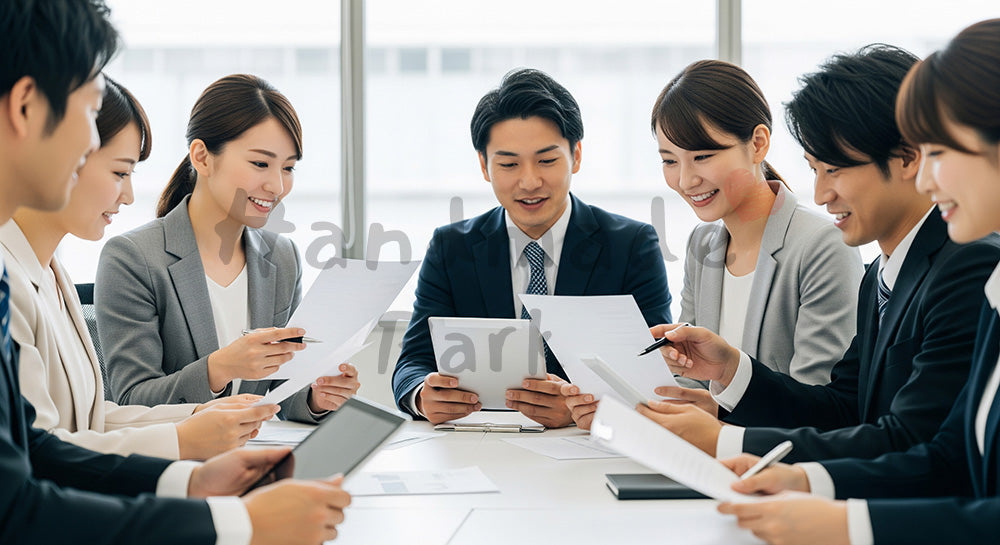 フリー素材 無料 写真｜採用・企業サイト向け 日本人営業チームが作戦会議する活気あるオフィス写真｜LP・バナーに使いやすい