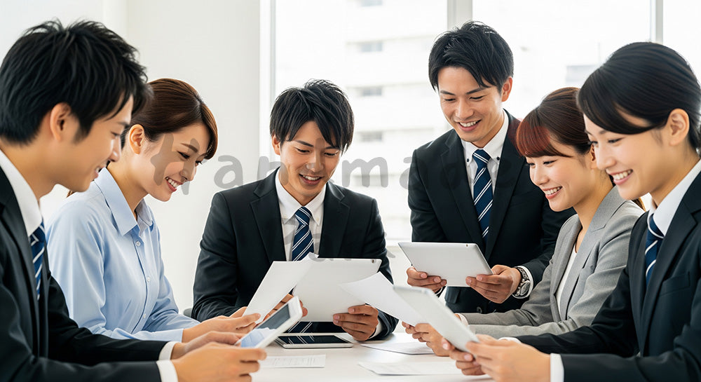 フリー素材 無料 写真｜採用・企業サイト向け 日本人営業チームが作戦会議する活気あるオフィス写真｜SNS投稿のアイキャッチ画像向け