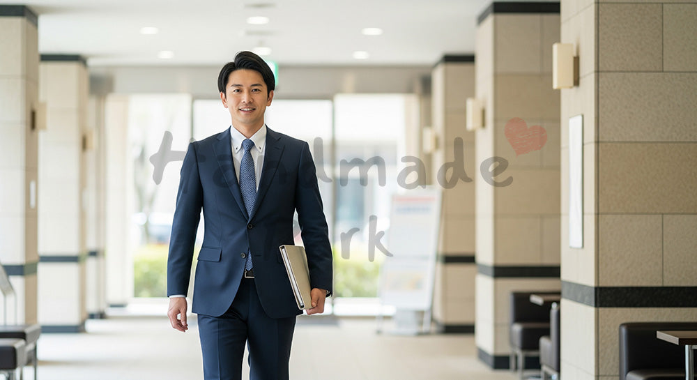 フリー素材 無料 写真|採用向け 日本人営業が資料を持って社内ロビーを歩く爽やかビジネス写真|SNS投稿のアイキャッチ画像向け