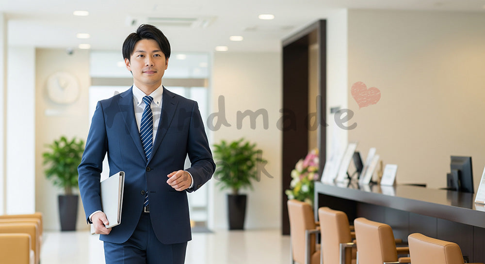 フリー素材 無料 写真|採用向け 日本人営業が資料を持って社内ロビーを歩く爽やかビジネス写真|記事・スライドの差し込みに