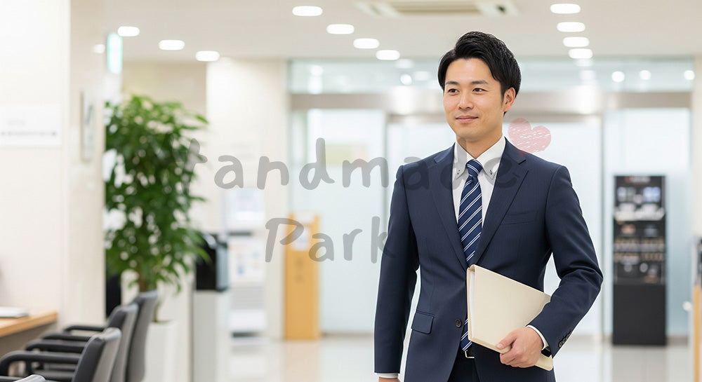 フリー素材 無料 写真|採用向け 日本人営業が資料を持って社内ロビーを歩く爽やかビジネス写真|LP・バナーに使いやすい