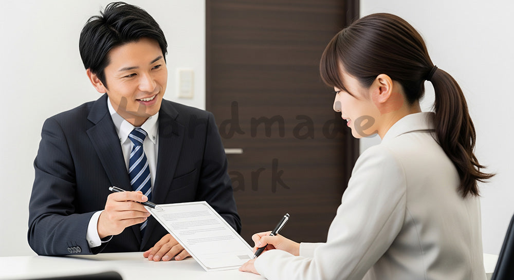フリー素材 無料 写真｜契約成立の採用向け 日本人営業がサインをサポートする信頼感ある商談写真 シーン｜SNS投稿のアイキャッチ画像向け