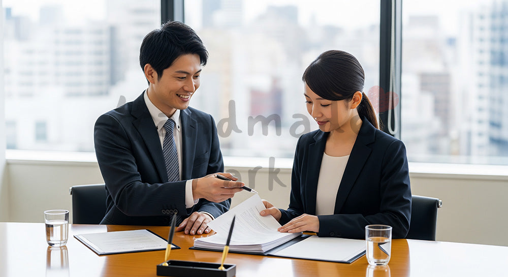 フリー素材 無料 写真｜契約成立の採用向け 日本人営業がサインをサポートする信頼感ある商談写真｜特集ページの見出しに便利