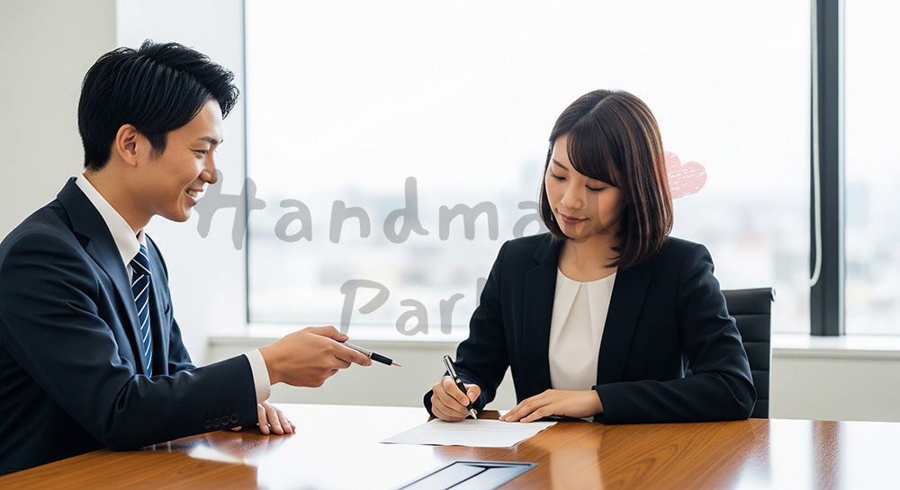 フリー素材 無料 写真|契約成立の採用向け 日本人営業がサインをサポートする信頼感ある商談写真|記事・スライドの差し込みに