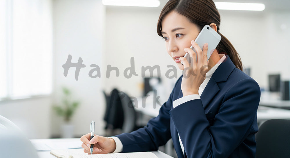 フリー素材 無料 写真｜採用向け 日本人女性営業が電話対応しながらメモを取るリアルな仕事写真｜特集ページの見出しに便利