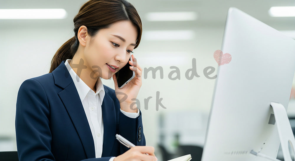 フリー素材 無料 写真｜採用向け 日本人女性営業が電話対応しながらメモを取るリアルな仕事写真 シーン｜記事・スライドの差し込みに