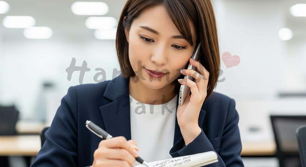 フリー素材 無料 写真｜採用向け 日本人女性営業が電話対応しながらメモを取るリアルな仕事写真｜SNS投稿のアイキャッチ画像向け