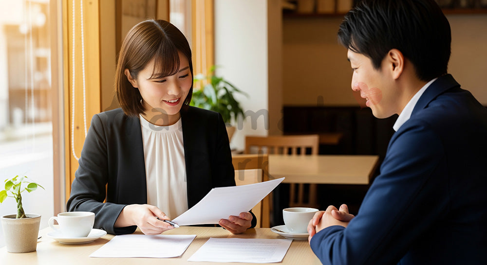 フリー素材 無料 写真|SNS・採用向け 日本のカフェで商談する日本人女性営業の自然体ビジネス写真|SNS投稿のアイキャッチ画像向け