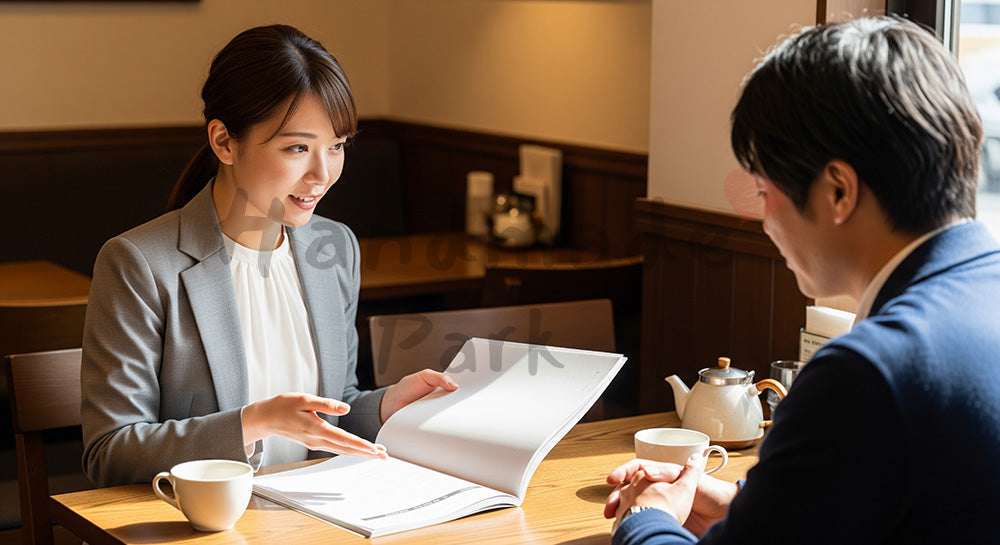 フリー素材 無料 写真｜SNS・採用向け 日本のカフェで商談する日本人女性営業の自然体ビジネス写真 シーン｜特集ページの見出しに便利