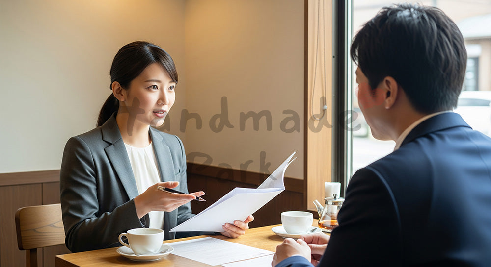フリー素材 無料 写真|SNS・採用向け 日本のカフェで商談する日本人女性営業の自然体ビジネス写真|LP・バナーに使いやすい