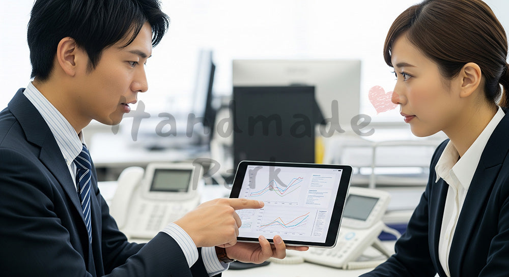 フリー素材 無料 写真｜採用向け 日本人営業が上司と提案内容を相談する成長・改善のオフィス写真｜LP・バナーに使いやすい