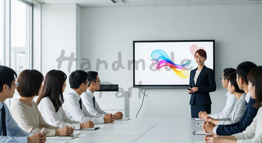 フリー素材 無料 写真|企業サイト向け 日本人女性営業がモニター前で提案プレゼンする説得力ある写真|特集ページの見出しに便利