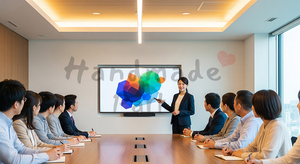 フリー素材 無料 写真｜企業サイト向け 日本人女性営業がモニター前で提案プレゼンする説得力ある写真 シーン｜記事・スライドの差し込みに