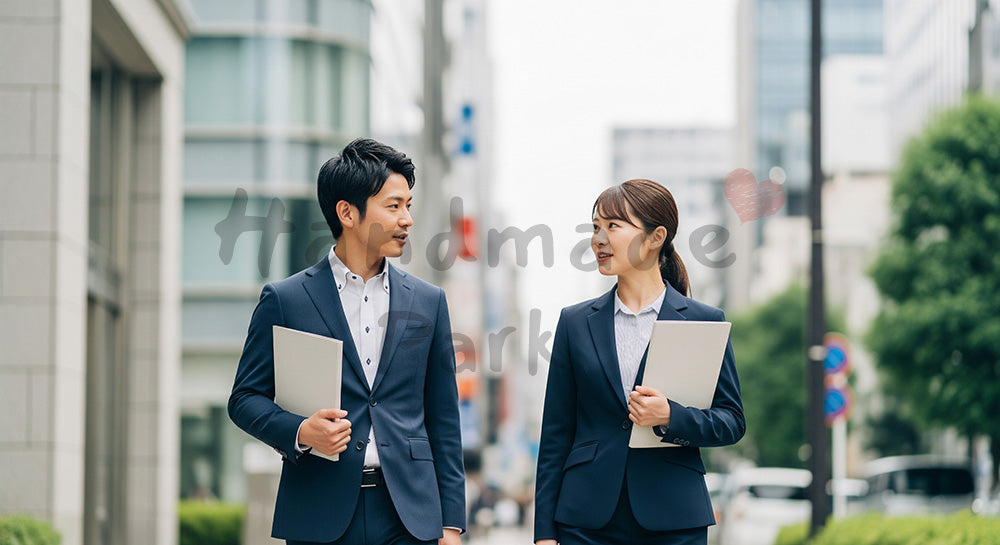 フリー素材 無料 写真｜採用向け 日本のオフィス街で歩きながら相談する日本人営業ペアの爽やか写真｜特集ページの見出しに便利