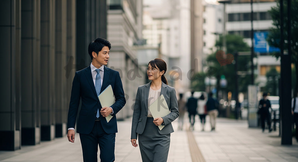 フリー素材 無料 写真|採用向け 日本のオフィス街で歩きながら相談する日本人営業ペアの爽やか写真 シーン|記事・スライドの差し込みに