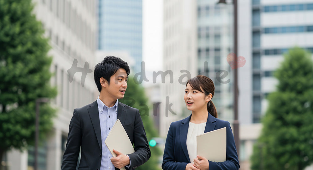 フリー素材 無料 写真｜採用向け 日本のオフィス街で歩きながら相談する日本人営業ペアの爽やか写真｜LP・バナーに使いやすい