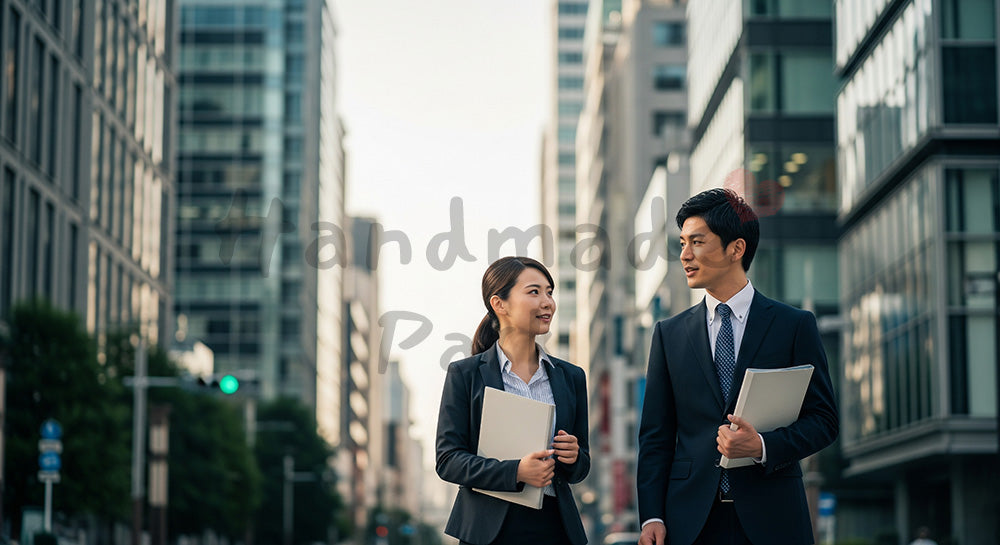 フリー素材 無料 写真｜採用向け 日本のオフィス街で歩きながら相談する日本人営業ペアの爽やか写真｜SNS投稿のアイキャッチ画像向け
