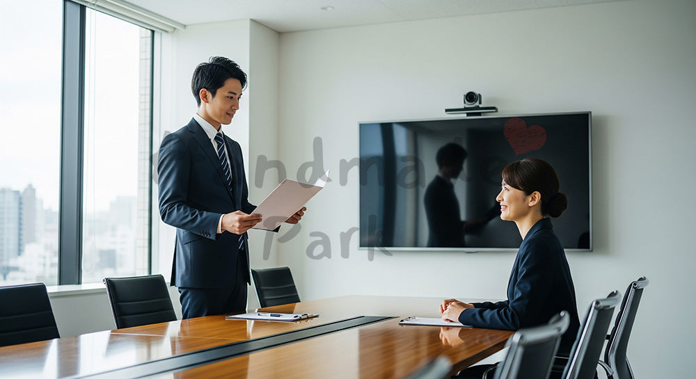 フリー素材 無料 写真｜若手営業の採用向け 日本人男性が提案資料を手に自信を見せる商談写真｜LP・バナーに使いやすい