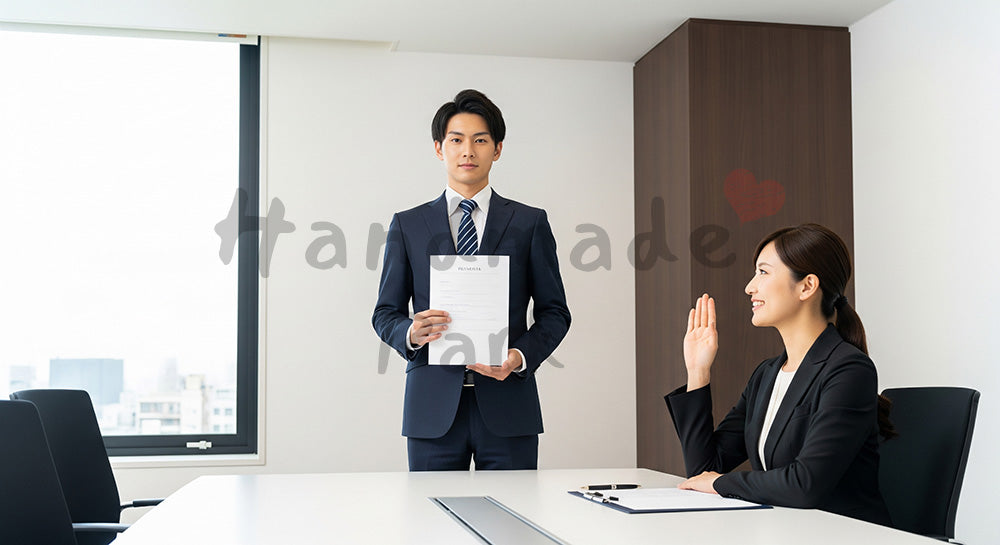 フリー素材 無料 写真｜若手営業の採用向け 日本人男性が提案資料を手に自信を見せる商談写真｜特集ページの見出しに便利