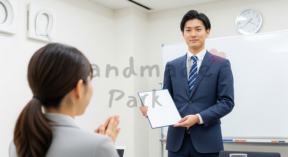 フリー素材 無料 写真｜若手営業の採用向け 日本人男性が提案資料を手に自信を見せる商談写真｜記事・スライドの差し込みに