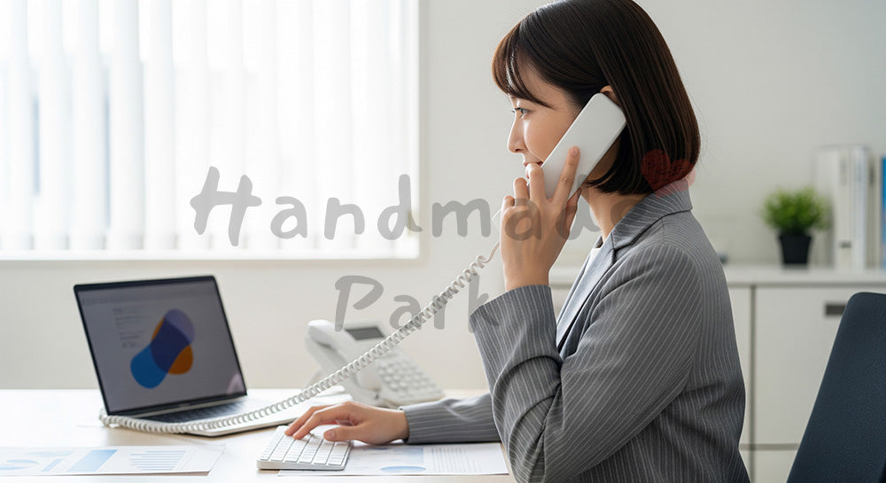 フリー素材 無料 写真｜経験豊富な営業の採用向け 日本人女性が電話で顧客対応する信頼感の写真｜LP・バナーに使いやすい