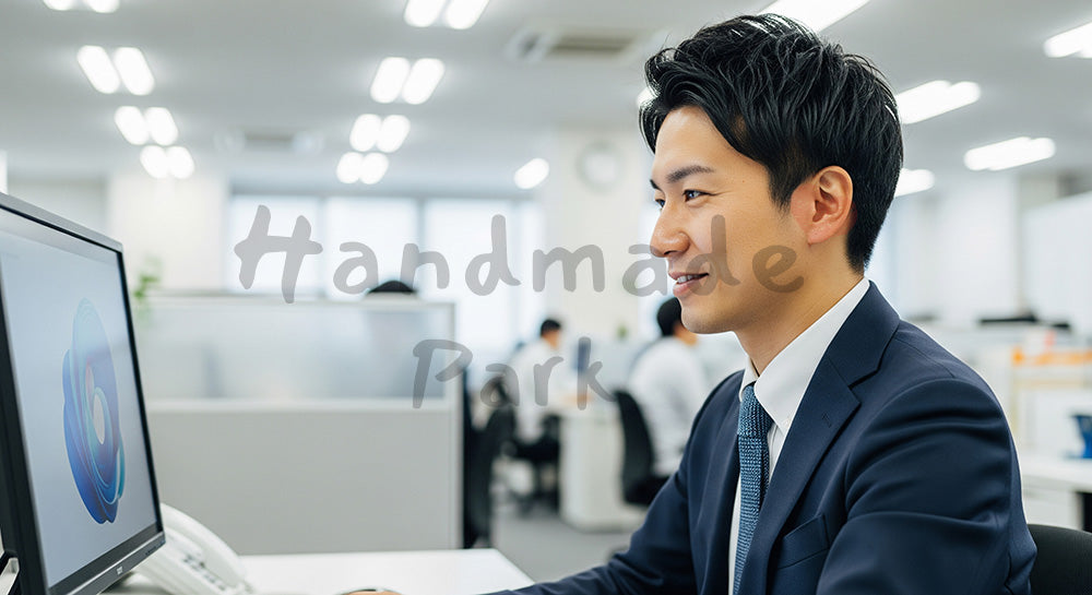 フリー素材 無料 写真｜採用向け 日本人営業がPCで顧客対応メールを作成する集中した仕事写真｜記事・スライドの差し込みに