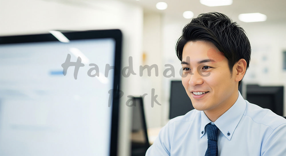 フリー素材 無料 写真｜採用向け 日本人営業がPCで顧客対応メールを作成する集中した仕事写真｜特集ページの見出しに便利