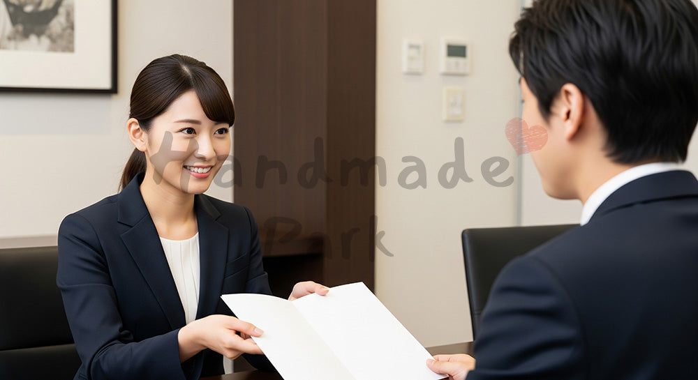 フリー素材 無料 写真｜採用向け 日本人女性営業が資料を手渡し提案する明るい商談写真｜記事・スライドの差し込みに