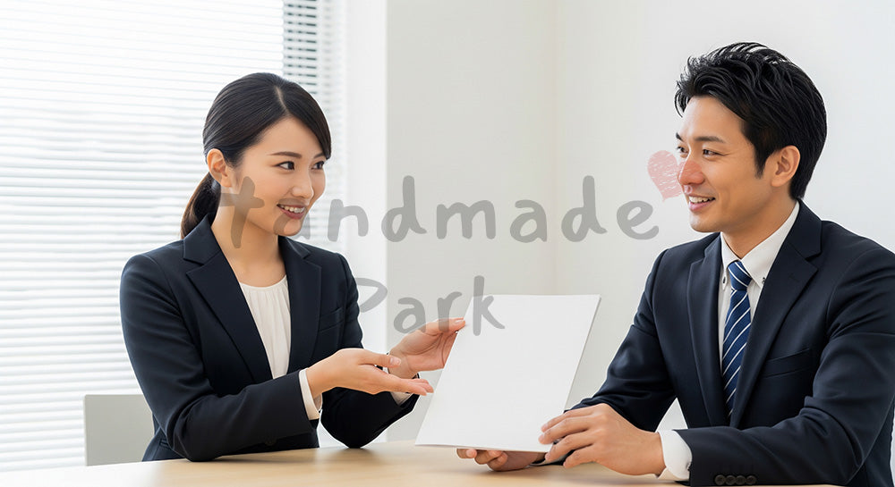 フリー素材 無料 写真｜採用向け 日本人女性営業が資料を手渡し提案する明るい商談写真｜特集ページの見出しに便利