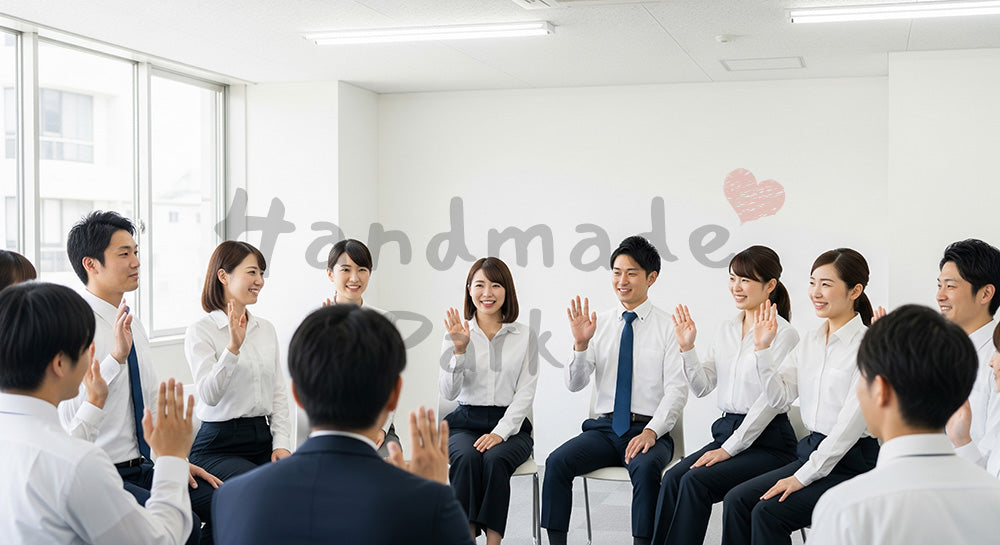 フリー素材 無料 写真｜採用向け 日本の営業チームが朝会で情報共有する活気ある職場写真｜SNS投稿のアイキャッチ画像向け