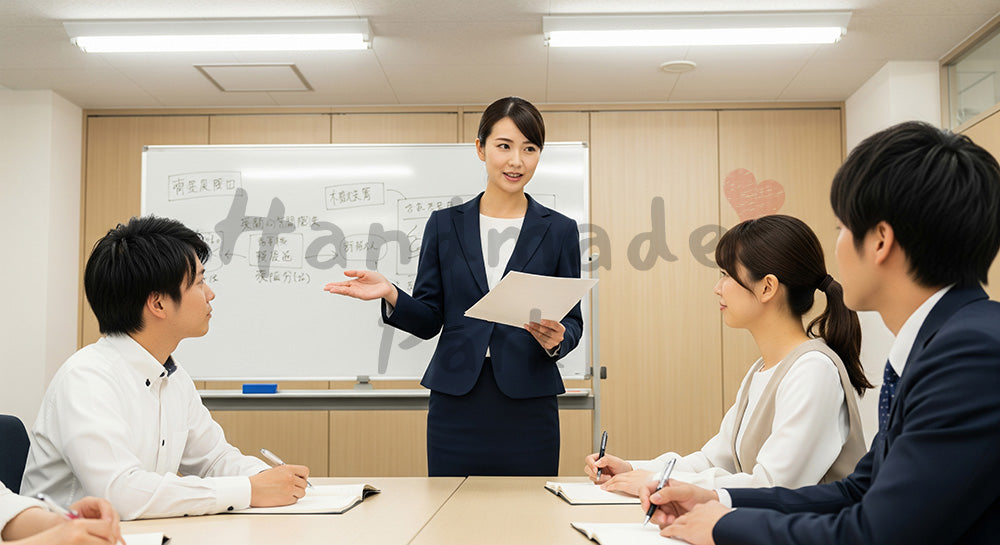 フリー素材 無料 写真｜育成・採用向け 日本人営業リーダーが新人に研修指導する温かい写真｜特集ページの見出しに便利