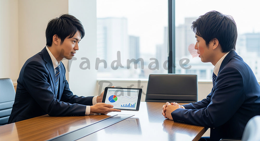 フリー素材 無料 写真|SaaS/提案向け 日本人営業がタブレットでプラン説明する誠実な商談写真|SNS投稿のアイキャッチ画像向け