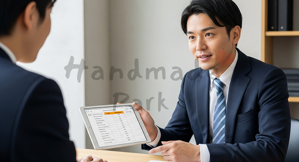 フリー素材 無料 写真|SaaS/提案向け 日本人営業がタブレットでプラン説明する誠実な商談写真 シーン|特集ページの見出しに便利