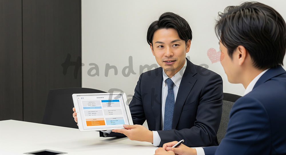 フリー素材 無料 写真｜SaaS/提案向け 日本人営業がタブレットでプラン説明する誠実な商談写真｜記事・スライドの差し込みに