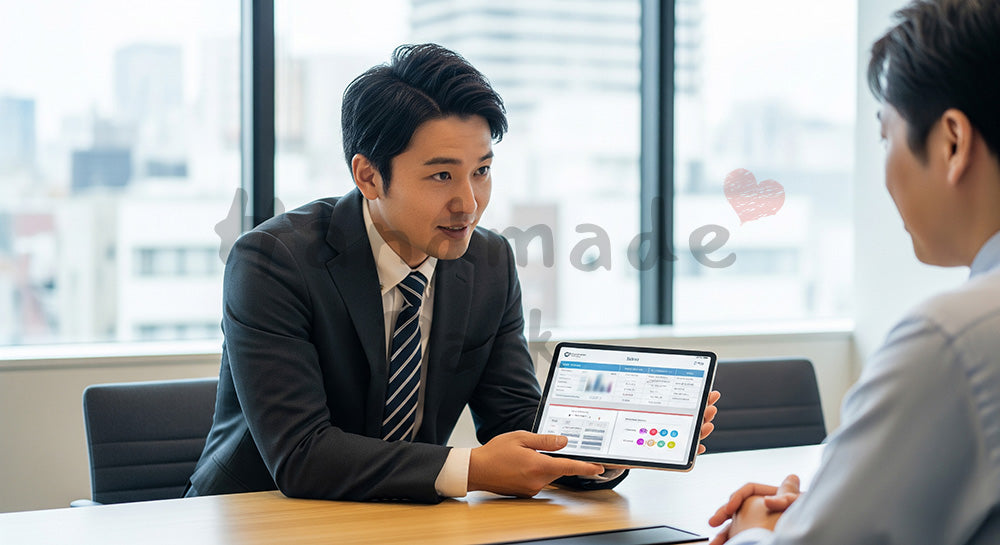 フリー素材 無料 写真|SaaS/提案向け 日本人営業がタブレットでプラン説明する誠実な商談写真|LP・バナーに使いやすい