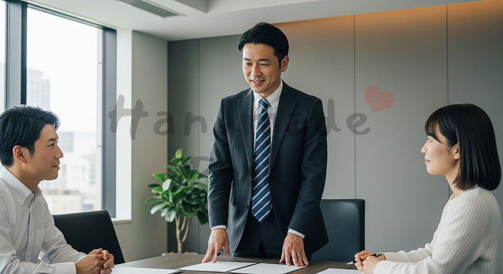 フリー素材 無料 写真|採用向け 日本人ベテラン営業が落ち着いて提案説明する信頼感の会議室写真|記事・スライドの差し込みに