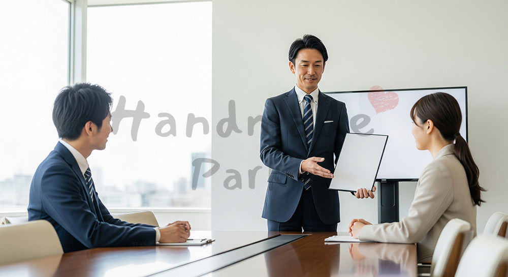 フリー素材 無料 写真|採用向け 日本人ベテラン営業が落ち着いて提案説明する信頼感の会議室写真 シーン|LP・バナーに使いやすい