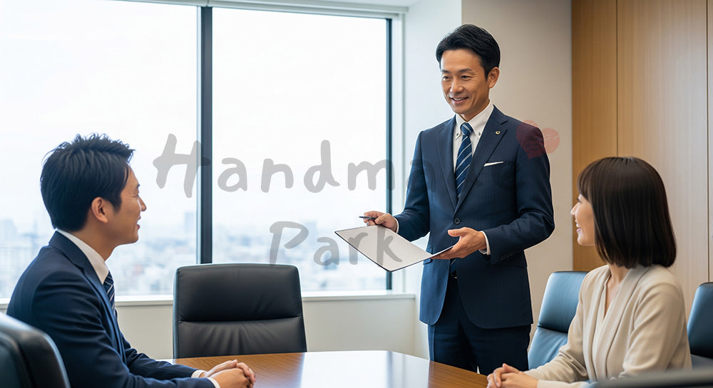 フリー素材 無料 写真|採用向け 日本人ベテラン営業が落ち着いて提案説明する信頼感の会議室写真|SNS投稿のアイキャッチ画像向け