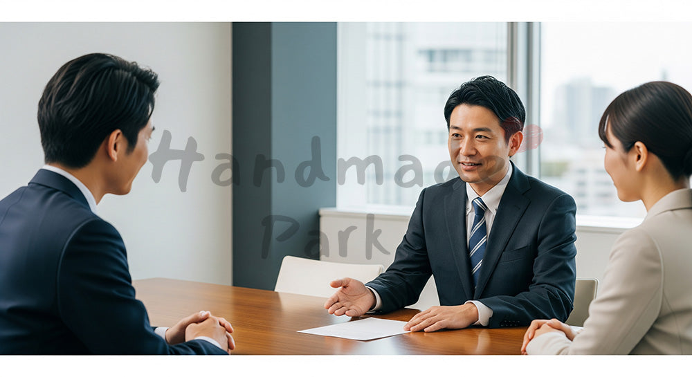 フリー素材 無料 写真｜採用向け 日本人ベテラン営業が落ち着いて提案説明する信頼感の会議室写真｜特集ページの見出しに便利