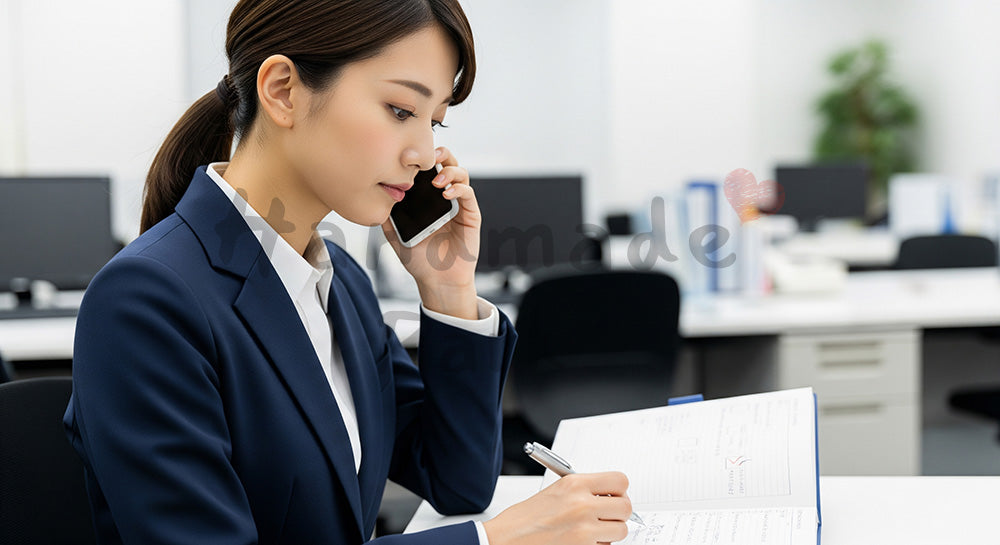 フリー素材 無料 写真｜採用向け 日本人女性営業がタスク整理し気持ちを整えるリアルな仕事写真｜SNS投稿のアイキャッチ画像向け