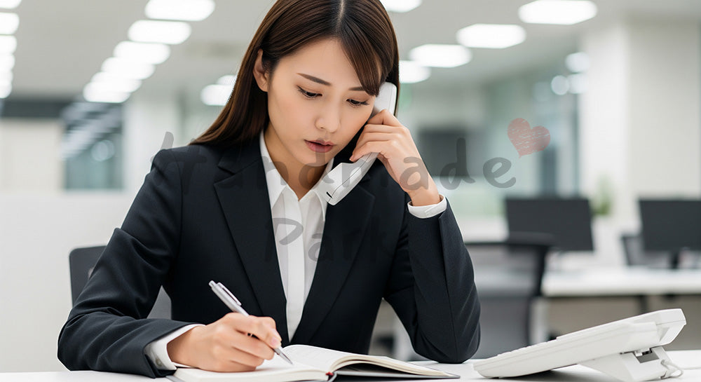 フリー素材 無料 写真|採用向け 日本人女性営業がタスク整理し気持ちを整えるリアルな仕事写真|特集ページの見出しに便利