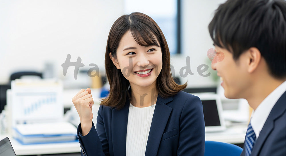 フリー素材 無料 写真|採用向け 日本人営業が成果を喜ぶチームの明るい職場スナップ写真|記事・スライドの差し込みに