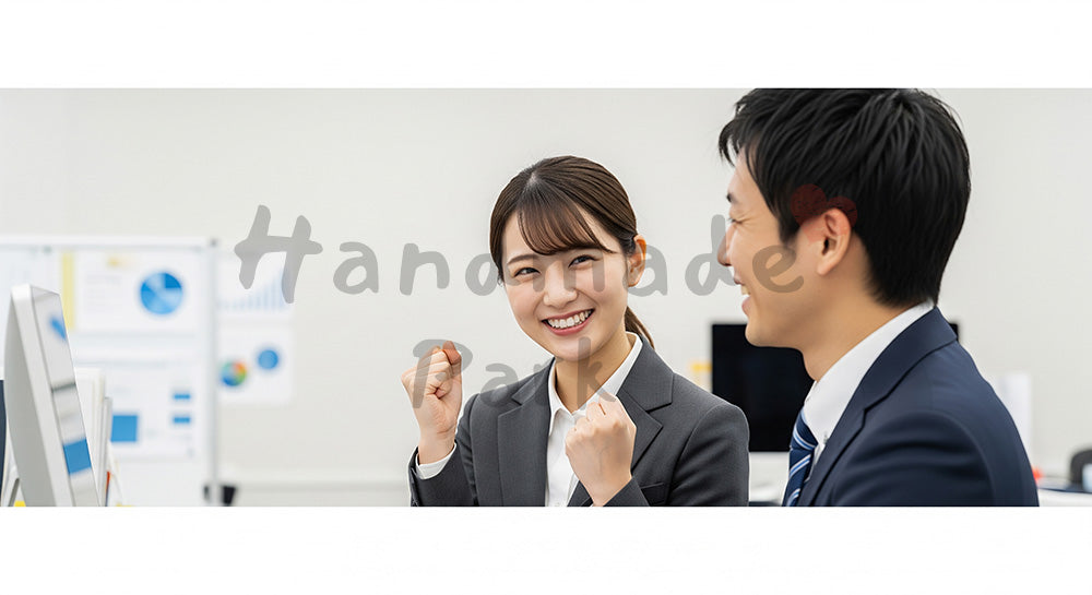 フリー素材 無料 写真|採用向け 日本人営業が成果を喜ぶチームの明るい職場スナップ写真|特集ページの見出しに便利