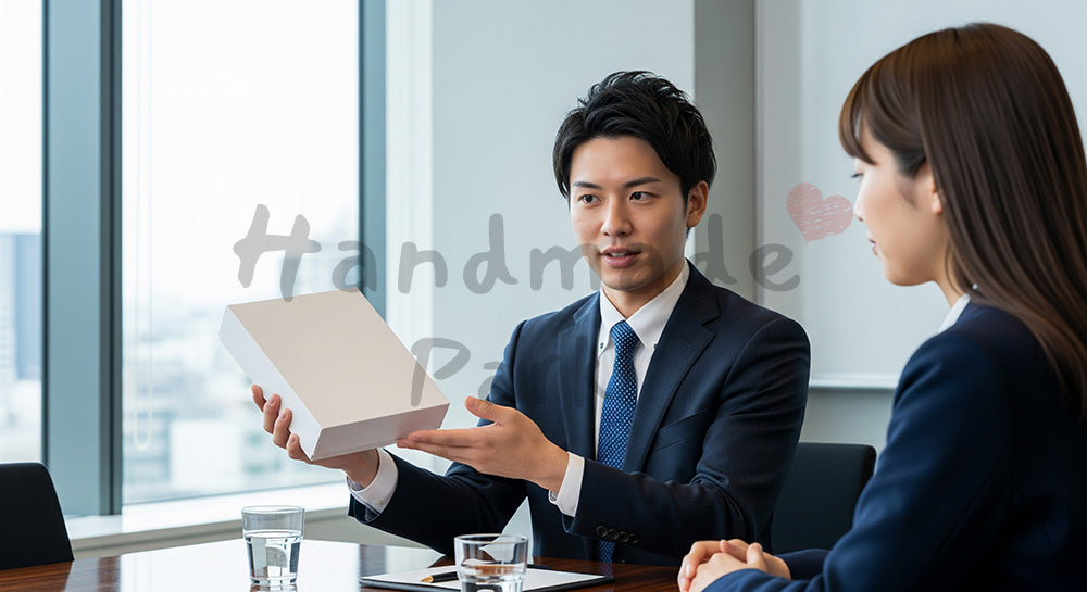 フリー素材 無料 写真|提案・採用向け 日本人営業が無地サンプルを提示して説明する商談写真|特集ページの見出しに便利