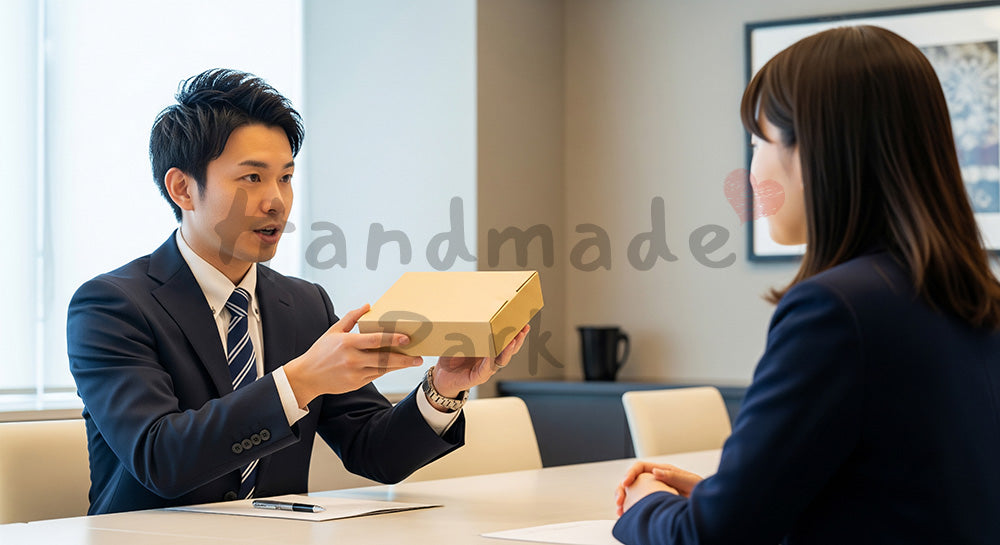 フリー素材 無料 写真|提案・採用向け 日本人営業が無地サンプルを提示して説明する商談写真 シーン|記事・スライドの差し込みに