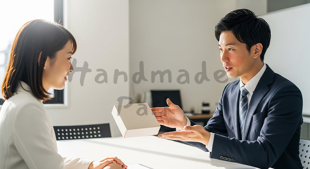 フリー素材 無料 写真|提案・採用向け 日本人営業が無地サンプルを提示して説明する商談写真|LP・バナーに使いやすい